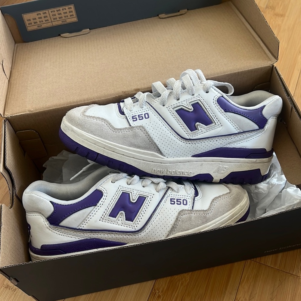 New Balance 550 White and Purple Athletic Sneakers